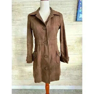 Anthropologie Tulle Brown Longline Wool Coat w/Buttons Boho Preppy Womens Sz S